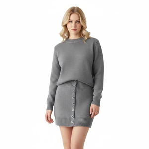 Custom Women Knit Sweater Sets Crew Neck Long Sleeve Ladies Sweater Suits Fashion Women Knit Skirt Suit Two-piece