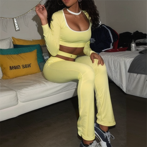 Hooded Long Set Women 2 Piece Summer Sports Solid Color Peplum Square Neck Shrunken Pleat Basic Suit Women