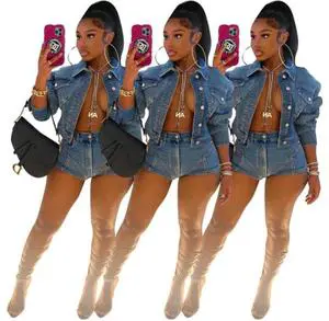 INS Hot OEM Winter Denim Jeans Fall Jackets Sets Denim Jeans Two Piece Sets Clothing 2 Piece Jean Jacket Sets for Ladies Women