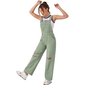 Women's Denim Jumpsuit Green Cut Out Ripped Patched Pocket Denim Overalls