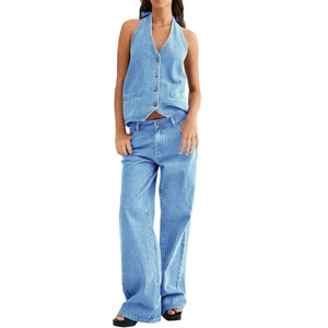 New Stylish Women's Spring Summer Two-Piece Denim Set Breathable Quick Dry Sleeveless Plus Size Skinny Fit Casual Suit Button
