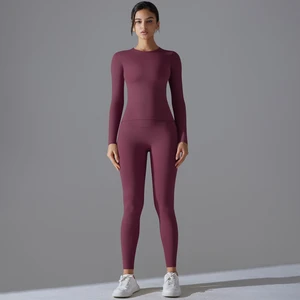 New Breathable High Elastic Mid Waist Two-Piece Solid Yoga Suit for Running Fitness Plus Size Seamless