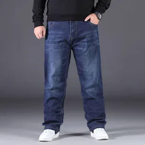 Plus Size Men's Loose Straight Mid Waist Dark Wash Stretch Fleece-lined Synthetic Blended Fabric Patches Extra Large Jeans