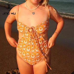 Hot-selling retro-style beach print hollow drawstring one-piece swimsuit custom-made recycled nylon one-piece swimsuit