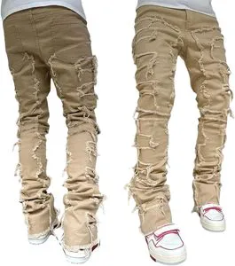New Arrival Men's Black Stacked Jeans Ripped Jeans Patch Distressed Destroyed Denim Trousers Street Wear Men Pants Hip Hop