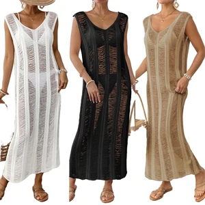 Women's Hollow Out Beach Dress Sleeveless Maxi Bikini Cover Up Casual Loose Beachwear Swimwear Cover Ups for Summer Vacation