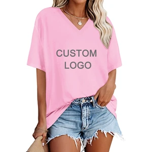Wholesale Custom V Neck Graphic T-shirt Ladies Loose Tops Blank Tee T-Shirt Plus Size Oversized T Shirt for Women