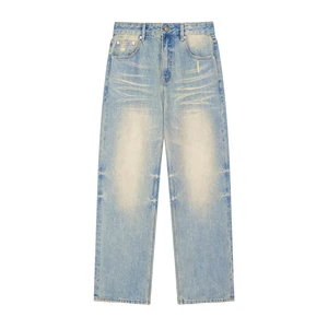 Customized High Quality Hot Sale Denim Men's Vintage Loose Wide Leg Pants Breathable Denim Casual Sun Faded Rew Hem