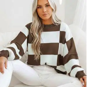 Trendy Casual Brown and White Checkerboard Oversized Knitted Pullover Top
