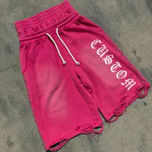 Custom Summer Plus Size Baggy Jogger Rhinestones Short Men's French Terry Distressed Raw Hem Short Double Waistband Shorts