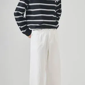 2026 Spring Men's 100% Pure Cotton White Denim Jeans Premium Loose Fit Straight Leg Pleated Casual Trousers for Urban Streetwear