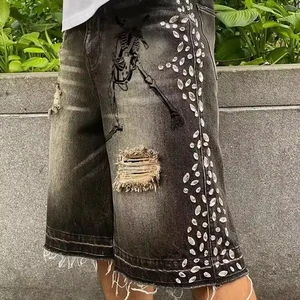 Wholesale Vintage Distressed Hommes Short Tassel Loose Fit Washed Men Jorts Cut Edge Straight Summer Casual Men's Denim Shorts