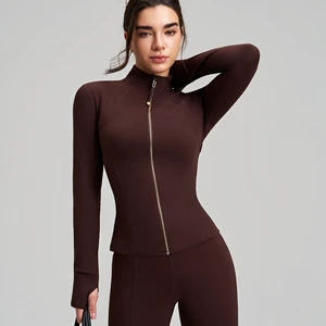 New Women's Slim Fit Solid Breathable Plus Size Yoga Top Front Logo Long Sleeve Finger Sleeves Stand Collar High-End Yoga Wear