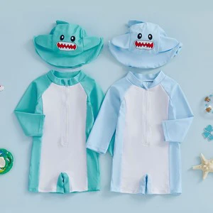 New Style Boys Babies Beach Surfing One-Piece Long-Sleeve Polyester Swimsuit with Shark Hat