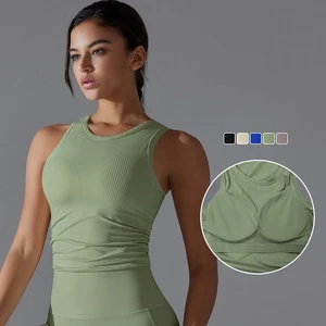 Women's Casual Ribbing Yoga Tank Tops with Padded Custom Logo Breathable Quick Dry Canvas Sportswear for Fitness