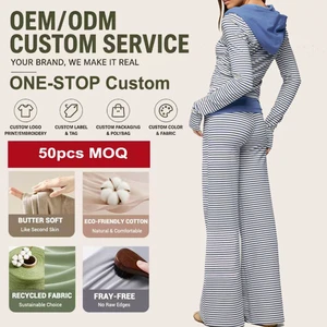 Newest Women Activewear Tracksuit Set Custom Striped Zip Up Hoodie Slim Fit Crop Workout Flodover Wide Leg Pants 2 Piece Set