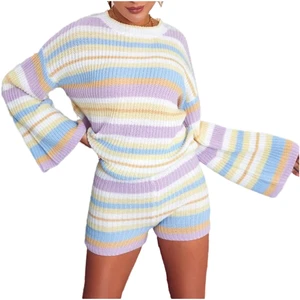 Custom Women's Casual Striped Above Knee 2-Piece Summer Knitwear Suit Set with Breathable Tops and Pants