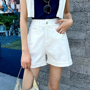 Plus Size Women's White High Waisted Breathable Eco-Friendly Denim Cargo Shorts Elastic Fabric Non-Fading Rolled Hem Casual
