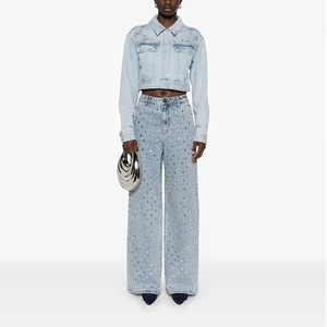 Women's Jeans Straight Loose Fit Vintage Wash Full Rhinestone Bling Street Wear Style Casual Mid Waist Look Jeans Women