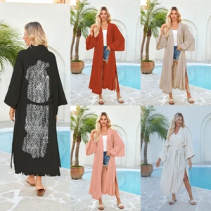 Stylish Summer Beach Cover-Up with Print & Fringe Detail - Long Bikini Sarong in Cotton-Linen Blend Fabric for Sun Protection