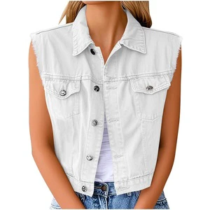 Plus Size Vintage Eco-Friendly Breathable Windproof Enzyme Wash Denim Jacket Vest Women's Single Breasted Button Front Pocket