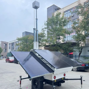 Upgraded Mobile Portable Trailer Light Tower with LED Floodlight & 7m Telescopic Mast Solar Power Off-Grid Security CCTV System