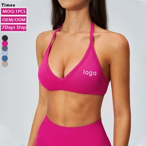 Seamless Breathable Four-Way Stretch High Support Yoga Sports Bra Deep V Neck Halter Open Back Removable Padded Workout Gym Top