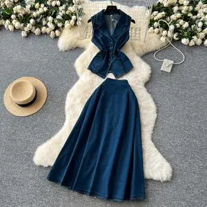 Ladies Dress Denim Suit Set: Sleeveless Button-Up Shirt With Pleated Waist + High-Waist A-Line Skirt Ladies 2 Piece Set