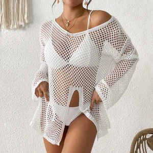 New Irregular V-neck 100% Polyester Quick Dry Cover-up Hot-selling Hollowed-out Side Slit Bikini Beach Blouse