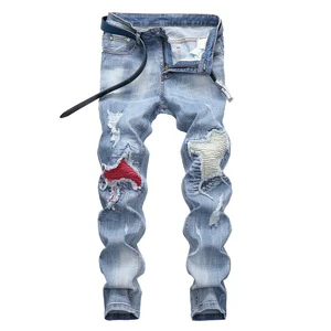 Fashion Plus Size Jeans Men Stretch Slim Ripped Denim Pants Light Blue Trousers Male Motorcycle Pants Men's Jeans B827