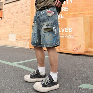 Wholesale OEM Custom Men's Graffiti Print Jean Shorts Distressed Ripped Denim Jorts Baggy Fit Streetwear Summer