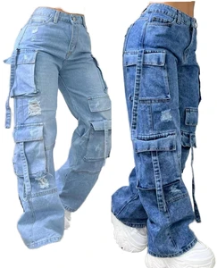 S-3XL Women's 90s Y2K Vintage Wide Leg Mom Jeans High Waist Casual Streetwear with Big Pocket Cargo Pants Boyfriend Style Denim