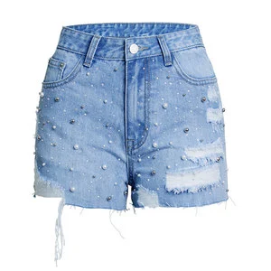 Direct Summer Wholesale High Quality Fashion Women's Denim Shorts Pop Rhinestones Raw Edge Skinny Design Everyday Use Vacation