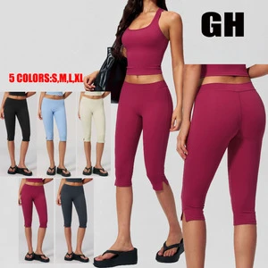 GH Summer New Style Workout Yoga Leggings Nylon Spandex Activewear Cropped Pants Low Waist Women Capri Leggings with Side Slits