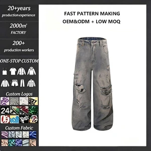 Men's Ripped Denim Pants American High-Street Style, Ink-Splatter Print, Casual Wide-Leg Trousers CYJP-2610522