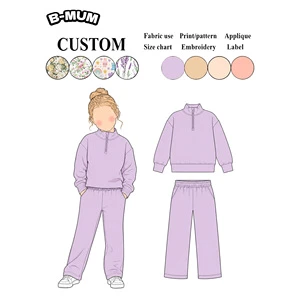 Hot Sale Toddler Kids Lavender Quarter Zip Mock Neck French Terry Top And Elastic Waist Straight Leg Pants Set Casual Wholesale