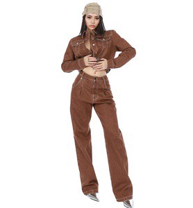 Women's Clothes Texture Denim Jacket Two Pieces Ladies Jeans Set Customized Women Suit Denim Pants