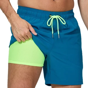 Mens Swim Trunks with Compression Liner 2 in 1 Solid Beach Swimming Trunks Breathable Quick Dry Swim Shorts with Zipper Pockets