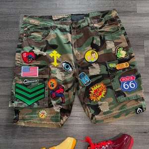 Summer Hotfix Rhinestone Streetwear Vintage Camouflage Men's Denim Shorts Custom Anime Embroidery Hand-Distressed