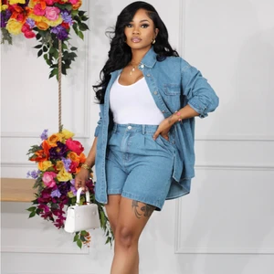 Full Sleeve Jacket Ladies Women Sets Straight Pants Denim 2 Piece Shorts Set Lady Outfits Women's Suits
