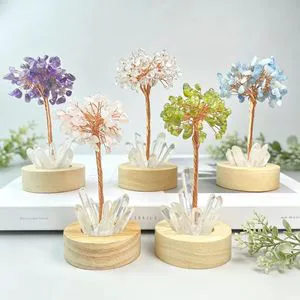 Hot Sale Natural Crystal Chips Tree Night Light USB Colorful Lamp With Clear Quartz Raw Point & Wooden Base For Bedroom Decor