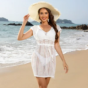 Wholesale Women's Sexy Hollow-out Beach Cover-up, Drawstring V-neck Beach Dress, Breathable Sun Protection Ladies Swimsuit