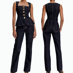 Women's 2 Piece Denim Matching Set Peplum Corset Top High Waist Straight Leg Pants Jeans Co-ord Suit Lady Elegant Outfits 2026
