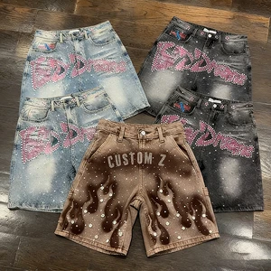 Custom Summer Cotton Vintage Jean Shorts Jorts Mid Waist Acid Wash Casual Distressed Streetwear Rhinestone Denim Shorts Men