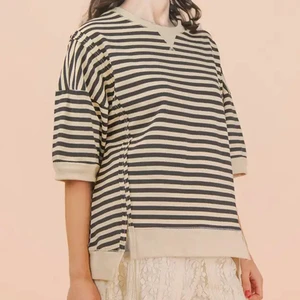 Summer Tee High Quality Casual Classic Neutral Stripe Crew Neck Short Top Cotton Tee Stripe Oversized Mid-Sleeve T-Shirt