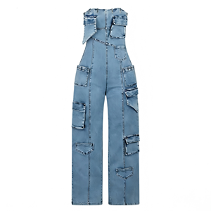 Women's Strapless Denim Cargo Jumpsuit Multi Pocket Wide Leg Tube Top Overall