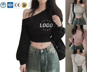 Wholesale Custom Embroidery Logo Women's Black One-Shoulder Asymmetric Cropped Y2K Streetwear Fashion Top