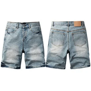 Luxury Man's Oem Streetwear Custom Vintage Wash Men's Denim Shorts Streetwear Jeans Shorts with Rhinestones Jorts