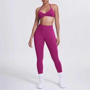 Women's Solid Color Yoga Set - Halter Neck Bra, High Waist Ruched Peach Hip Pants, Workout Clothes, In-Stock Bulk Supply