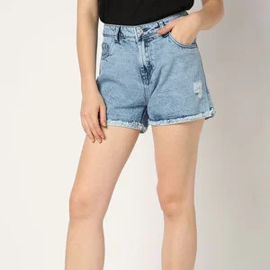 Women's High Waist Denim Shorts Distressed Wash Button Fly Casual Style Regular Fit With Pockets Light Blue Color